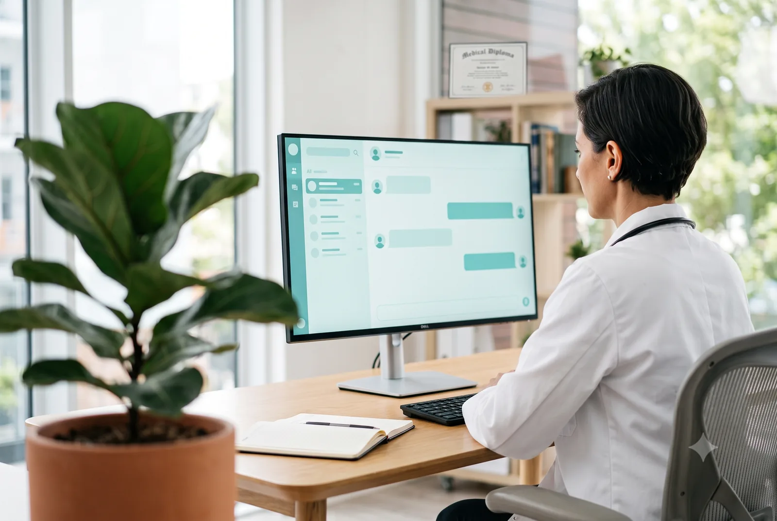 Ärztin schaut konzentriert auf einen Monitor mit einer klaren Chat-Oberfläche