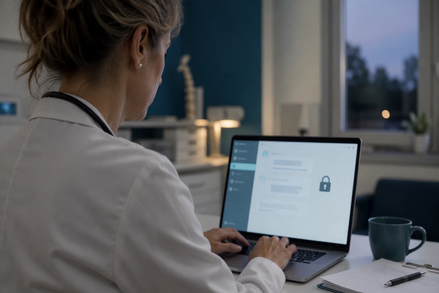 Ärztin arbeitet am Laptop mit dem Privaten Chat von Idana AI Assist